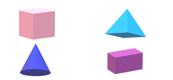 Image showing 4 shapes that is a cube, a pyramid, a cone, a cuboid.